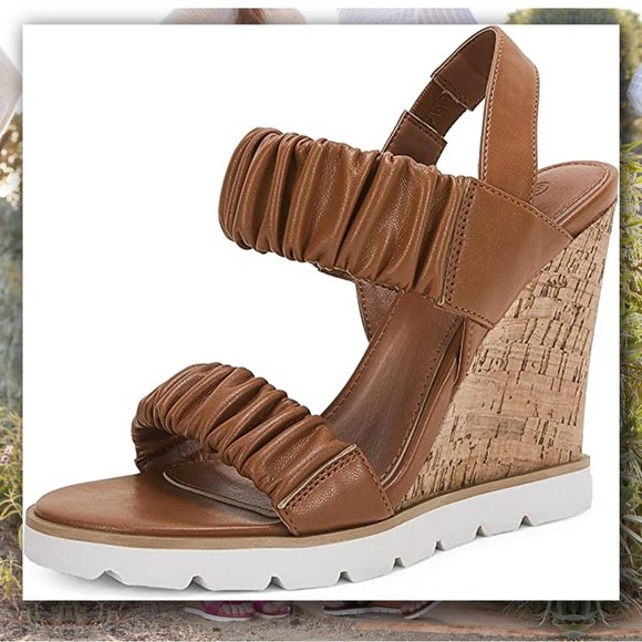 PIEPIEBUY Flirty Ruched Faux Leather High Cork Wedge Sandals   NEW IN BOX! - Picture 4 of 8